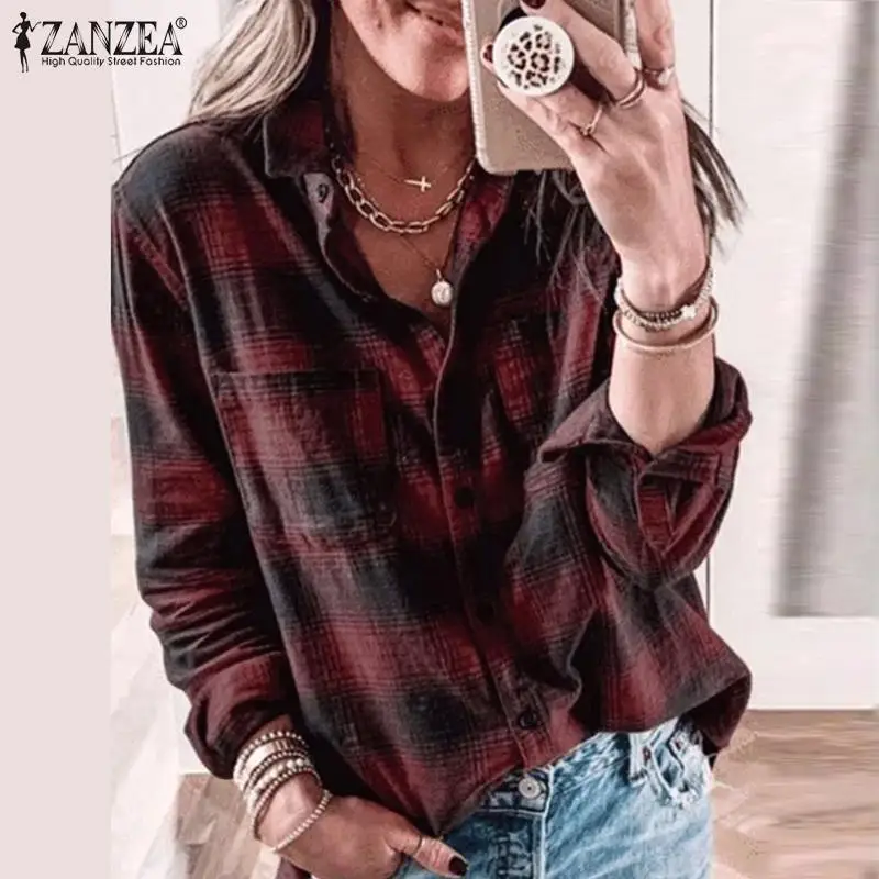 

ZANZEA Vintage Plaid Checked Shirt Autumn Women Blouse Casual Retro Buttons Down Blusas Lapel Neck Long Sleeve Work Tops Tunic