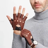 spring male100 pure real leather half finger thin gloves man genuine sheepskin redbrownblue driving riding luvas guantes