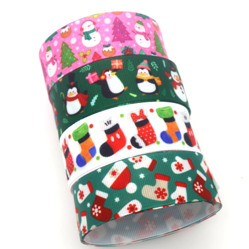 

DHK 50yards Christmas Sock Snowman Printed Grosgrain Ribbon Accessories Material Headwear Decoration DIY Sewing Craft S1737