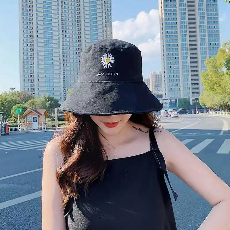 Panama For Women Spring Daisy Embroidered Bucket Hat Women's Flat Top Cotton Panama Summer Short Brim Cover Outdoor Sun Hat
