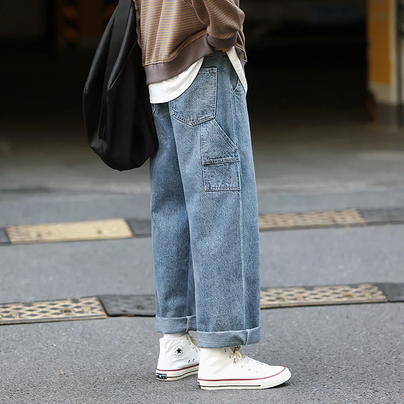 

Jeans Mens Draping Vintage Wide-leg Denim Pants For Men's Loose Straight Letter Embroidered Jeans Men Casual Blue Denim Trousers