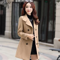ftlzz women wool blend warm long coat autumn winter plus size female slim fit lapel woolen overcoat cashmere outerwear