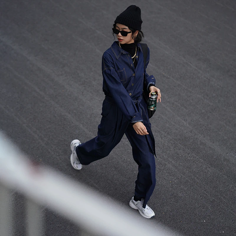 

Leg Pants Wide Blue Denim Two Piece Suit New Lapel Long Sleeve Loose Fit Women Fashion Tide Spring Autumn 2021 1DD1621