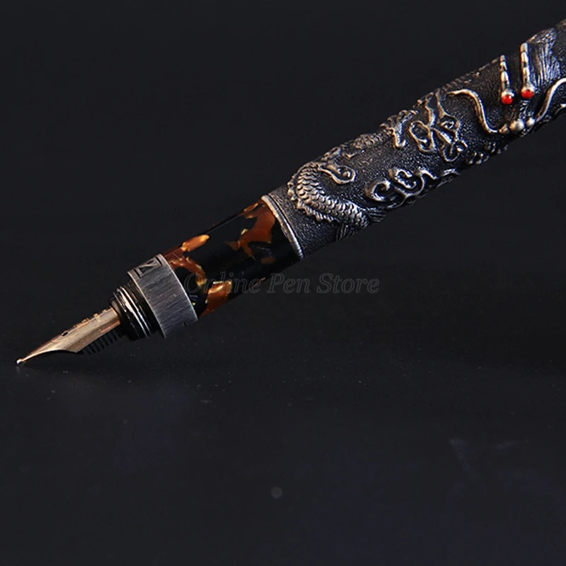 Fuliwen Metal Ancient Dragon 14K Gold Nib 0.7mm Fountain Pen Celluloid Grip Professional Stationery Supplies Writing Tool Gift