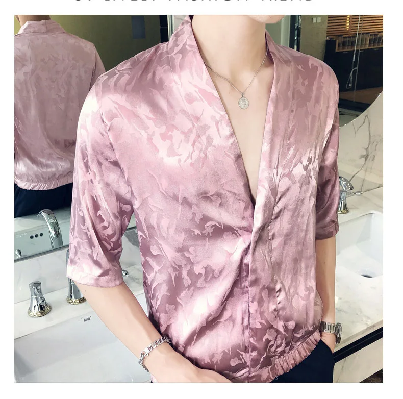 Рубашка мужская приталенная атласная роскошная шелковая в японском стиле черная