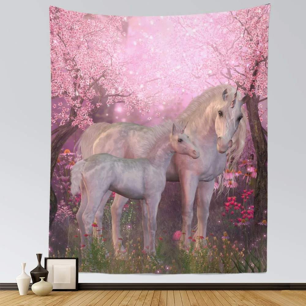 "Настенная гобеленовая ткань с изображением лошадей и цветущей вишни для украшения комнаты, спальни и занавески"
