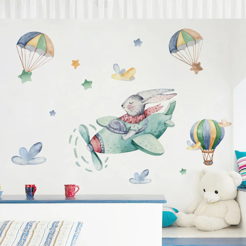 Креативные Мультяшные виниловые наклейки на стену кролик летающий самолет милые