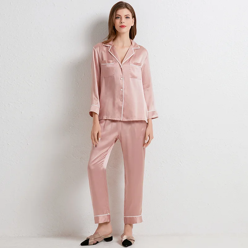 Women's Silk Pajamas Home Service Suit 100% Pure Silk Long Sleeve Two-Piece Can Be Worn Outside