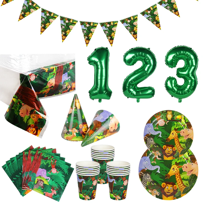 

Jungle Animal Party Supplies Safari Boy Birthday Party Decoration Kids Disposable Tableware Cake Toppers balloons Baby Shower
