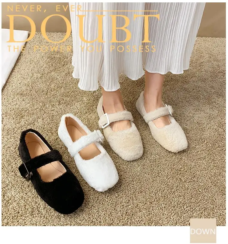 EOEODOIT Autumn Ballet Flats Shoes Casual Fur Shoes Square Toe Retro Fashion Women Lady Elegance Flat Heel Shoes