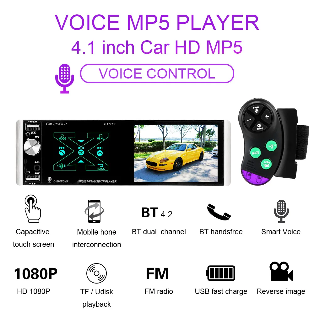

Touch AI Voice In-dash HD Multimedia Player 1 Din Car FM Radio Player Bluetooth 4.1'' Car MP5 Video Player