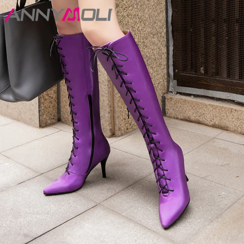 ANNYMOLI/Осенние Сапоги до колена женские высокие сапоги из искусственной кожи на