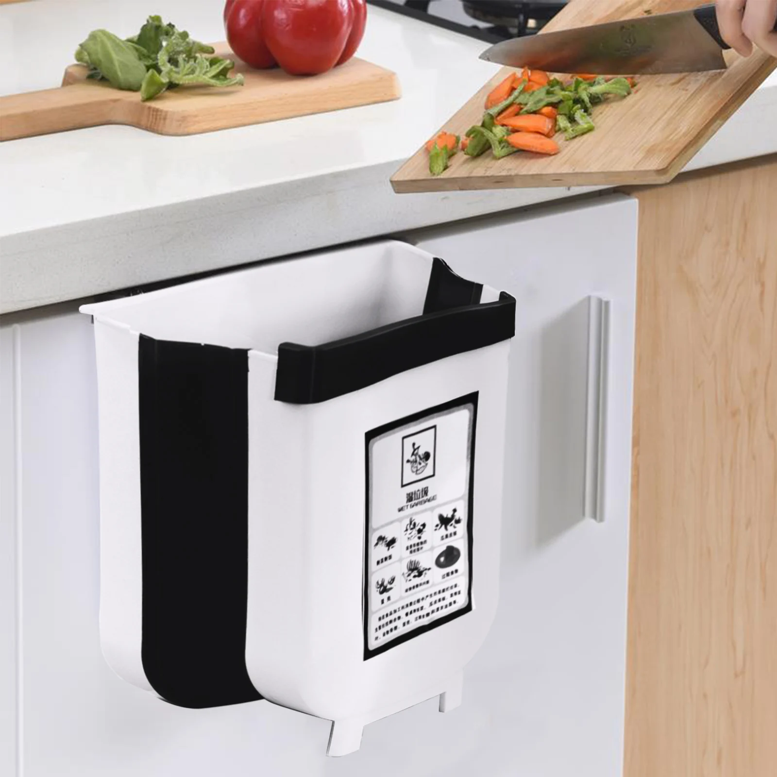 

Kitchen Cabinet Door Hanging Trash Can 9L Folding Waste Bin Wall Mounted Trashcan for Bathroom Toilet Garbage Storage Can