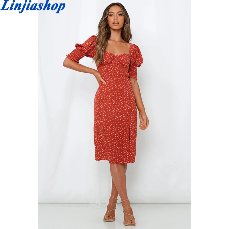 

Женское винтажное платье миди с разрезом, красное платье с цветочным принтом, Повседневное платье во французском стиле на лето