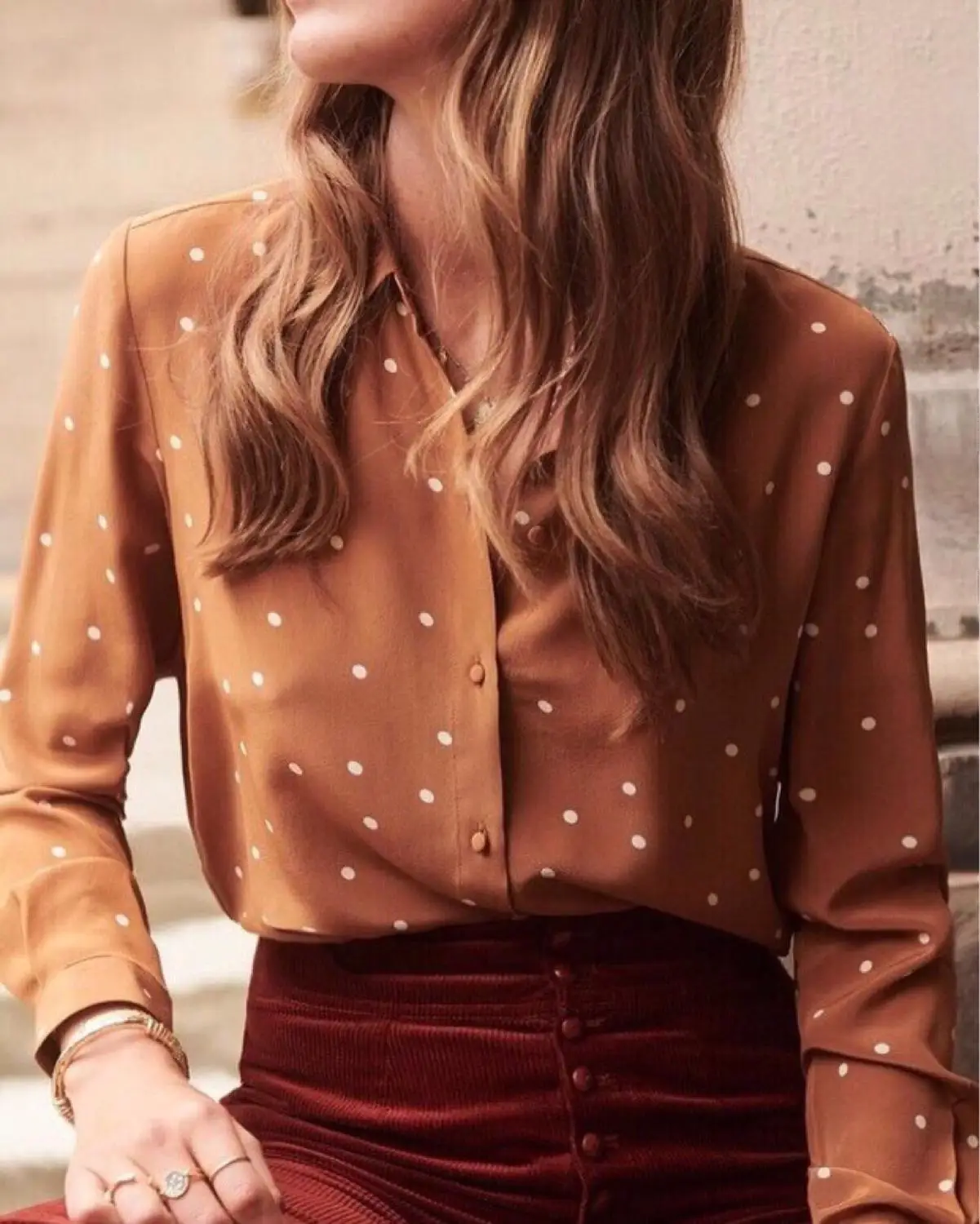 100% шелковая блузка винтажная модная женская в горошек и рубашки|Блузки| |