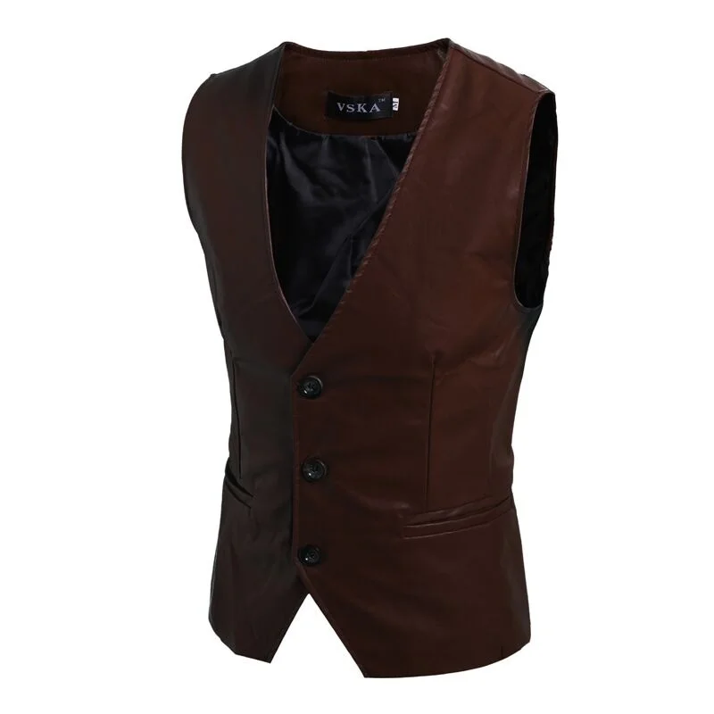 dark brown ZOGAA мужской тонкий жилет куртка без рукавов повседневные кожаные жилеты из искусственной кожи на пуговицах с открытым v-образным вырезом простой Джокер Приталенный жилет для мужчин - Цвет: dark brown
