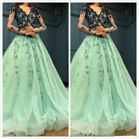 mint lace beaded arabic evening dress 2019 evening dresses long sleeves v neck a line prom dresses formal party pageant gown