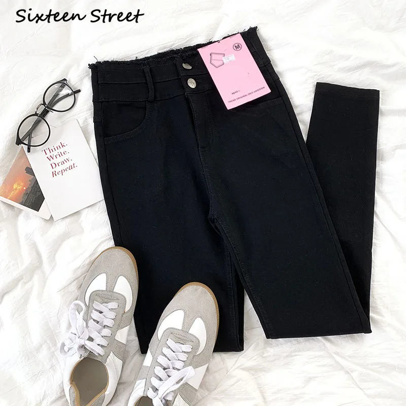 

Stretch Y2k Pants Aesthetic Streetwear Women Retro Black High Waist Two Button Design Vintage Fashion Korean Clothes New 2021