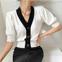 ljsxls summer korean style womens knitted clothes 2021 black white patchwork v neck short sleeve sweater women casual cardigans