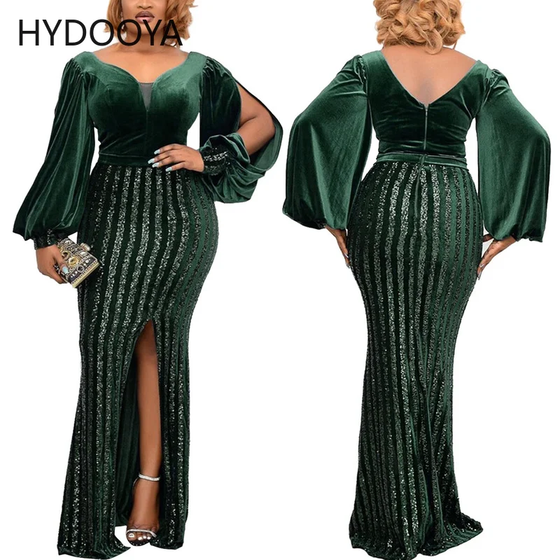 Plus Size Dress for New Year 2022 Women Clothing Green Lantern Sleeve High Split Sequin Party Maxi Dress Dropshipping Wholesale