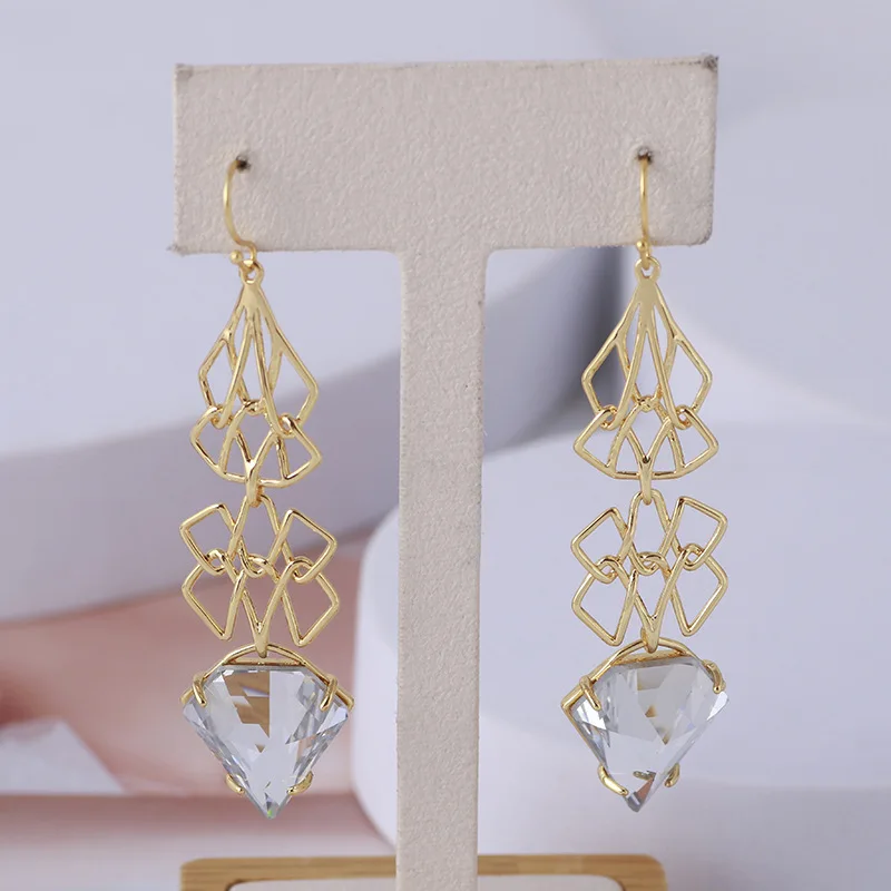 

Metal geometric staggered lines inlaid fashion long earrings for women