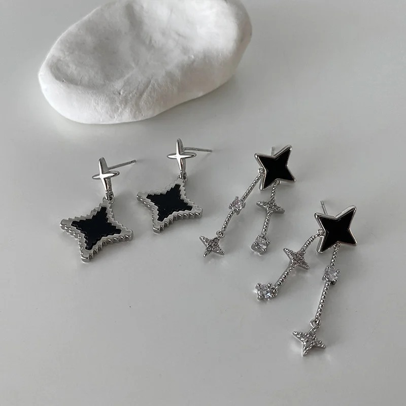 

ALLNEWME Punk Black Star Alloy Pendant Earrings for Women Ladies Shiny Rhinestone Silver Color Long Tassel Earrings Accessories