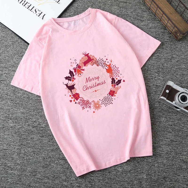 Рождественская футболка с принтом для женщин 2019 милая розовая в стиле Харадзюку