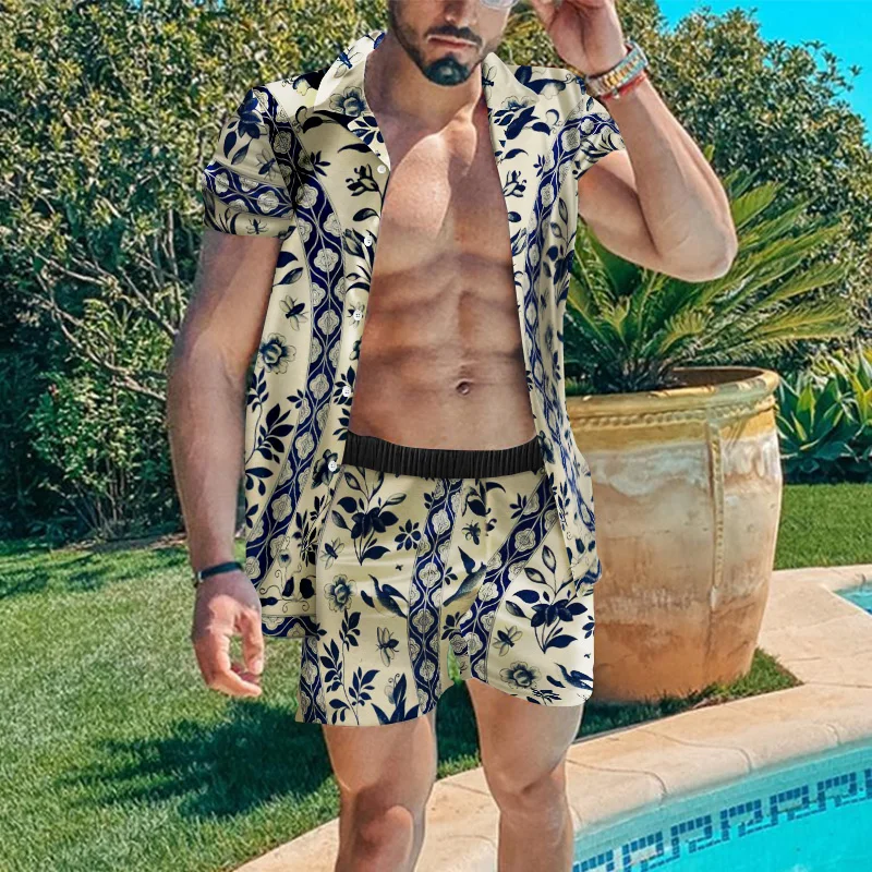 

2021 men's summer casual Hawaiian style 3D printed shorts short-sleeved cardigan lapel shirt two-piece Harajuku beach suit