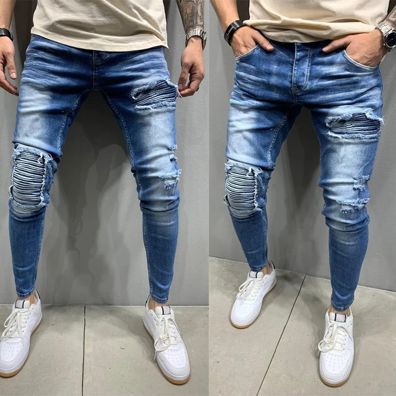 

Брюки-Карандаш мужские зауженные, эластичные рваные штаны, заплатка на колено, модная уличная одежда в стиле хип-хоп, мотоциклетные джинсы