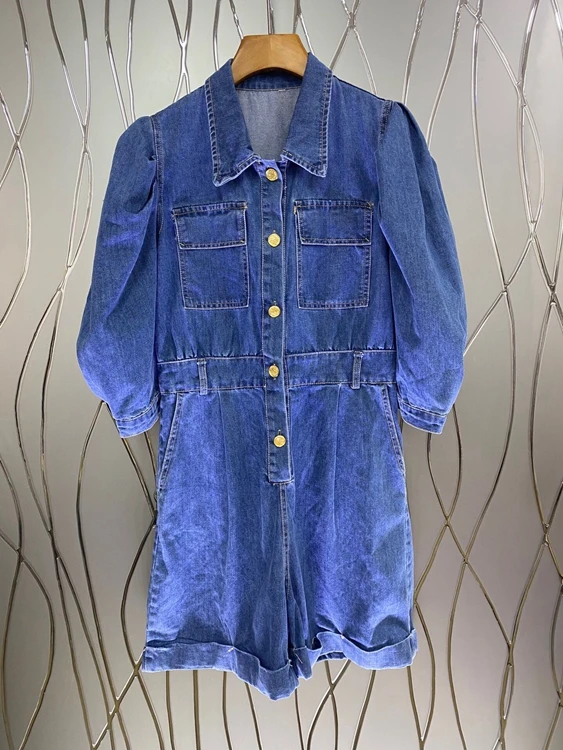 

2021 new women fashion loose lapel symmetrical buckle decoration wrinkled sleeves denim jumpsuit 428
