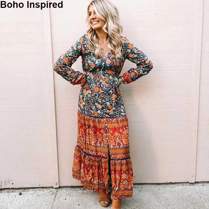 Богемный Вдохновленный длинное платье Boho Цветочный принт Макси женское