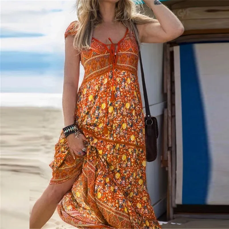 

Women Elegant Floral Print Boho Long Dress Sexy V Neck Tie-up Summer Beach Dress Spring Summer Short Sleeve A-Line Beach Dresses