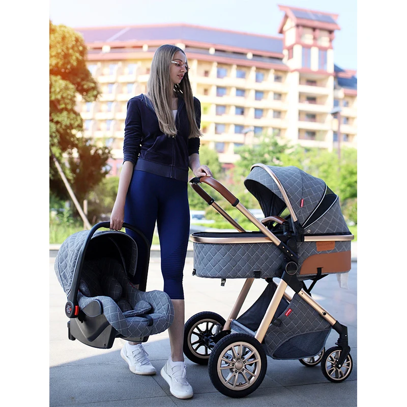 

3 in 1 Baby Stroller Royal Luxury Leather Aluminum Frame High Landscape Folding Kinderwagen Pram with Gifts Baby Carriage
