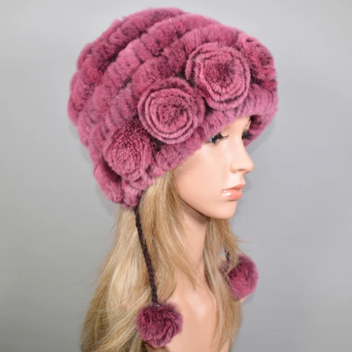 pink Россия хорошая эластичная вязаная шапка из меха кролика Рекс женская зимняя Настоящий мех кролика шапка натуральная меховая шапка оптом и в розницу - Цвет: pink