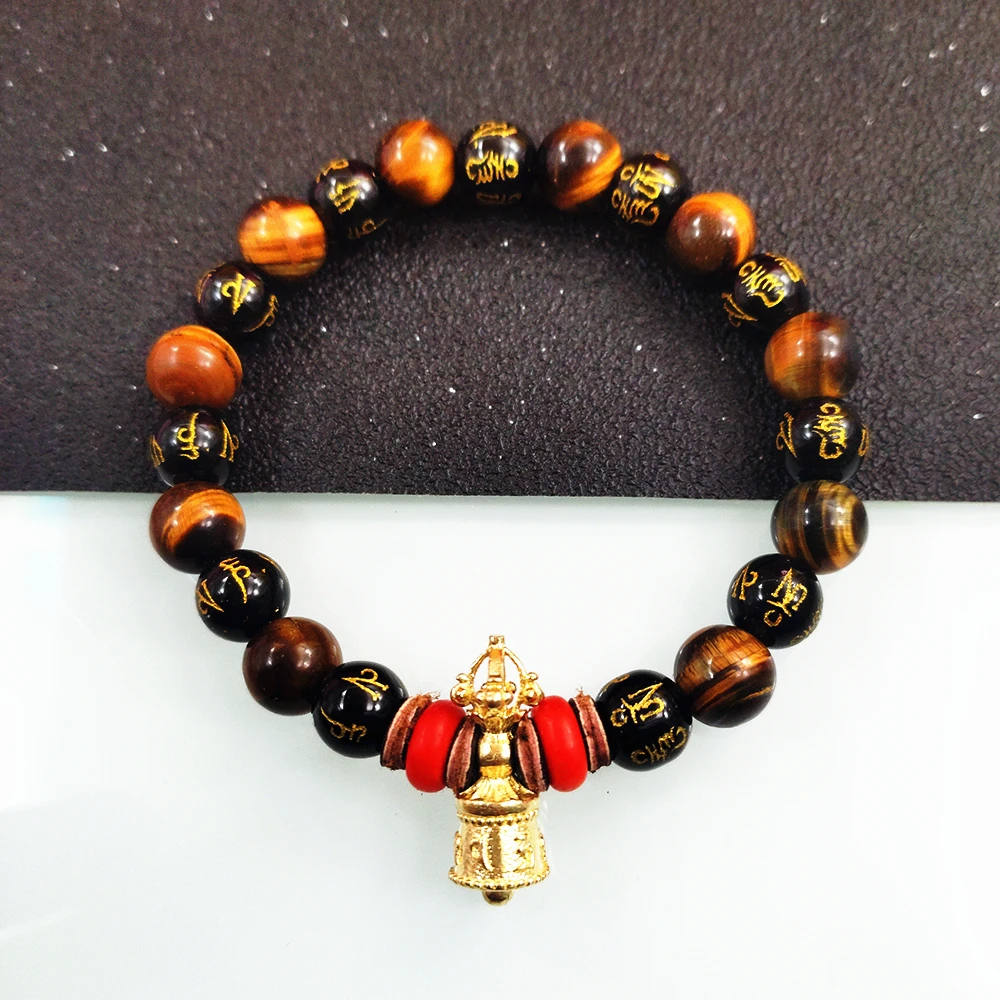 Тигр глаз камень с ОМ МАНИ ПАДМЕ ГУМ Бусины strand браслет для мужчин и женщин