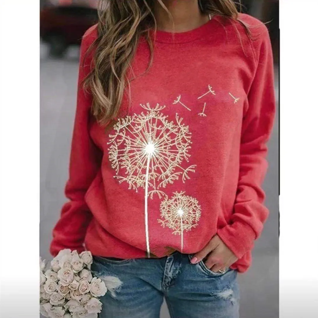 

Dandelion Printing Round Neck Long Sleeve Women Hoodies Loose Printed Round Neck Sweatshirt Tops Leisure Loose Woman Hoodie