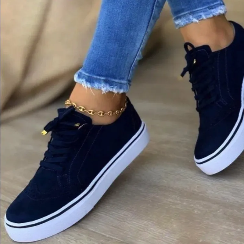 

2021 Spring Fashion Women Faux Suede Vulcanize Sneakers Flat Heel Round Toe Lace Up Casual Comfort Cozy Shoes Ladies Outdoor
