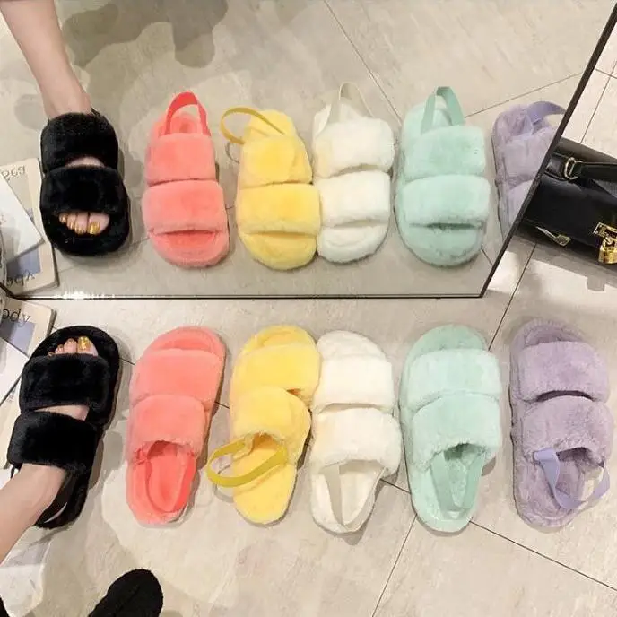 2021 Зимние удобные и повседневные двухслойные женские сандалии из лисьего меха