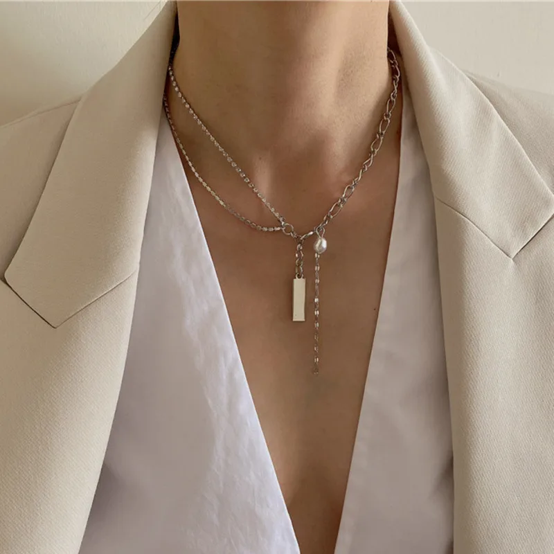 

Korea Retro Simple Silver Color Necklace Irregular Chain Pearl Necklace For Women Office Professional Style Aesthetic Jewelery