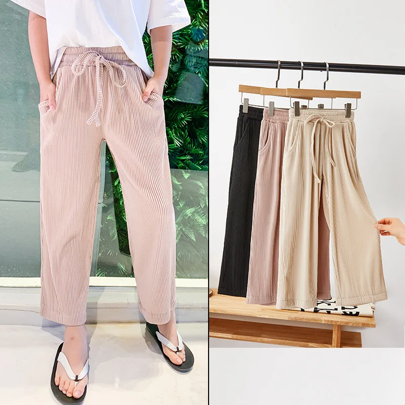 Модные штаны для девочек прямые широкие свободные брюки в полоску с карманами