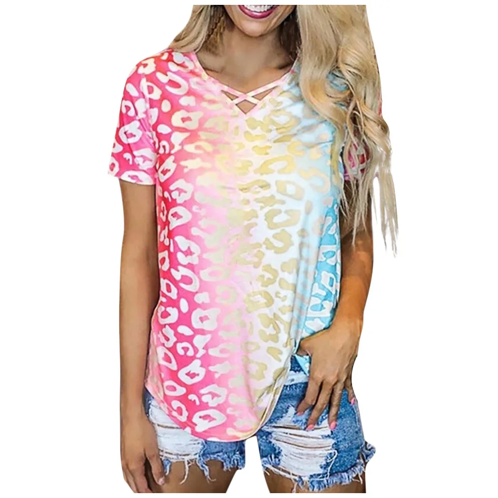 Womail 2020 Summer Women's t-shirt Fashion Tie-Dye Leopard T Shirts Harajuku Casual Cross V-Neck Gradient Short Sleeve Tee Tops | Женская