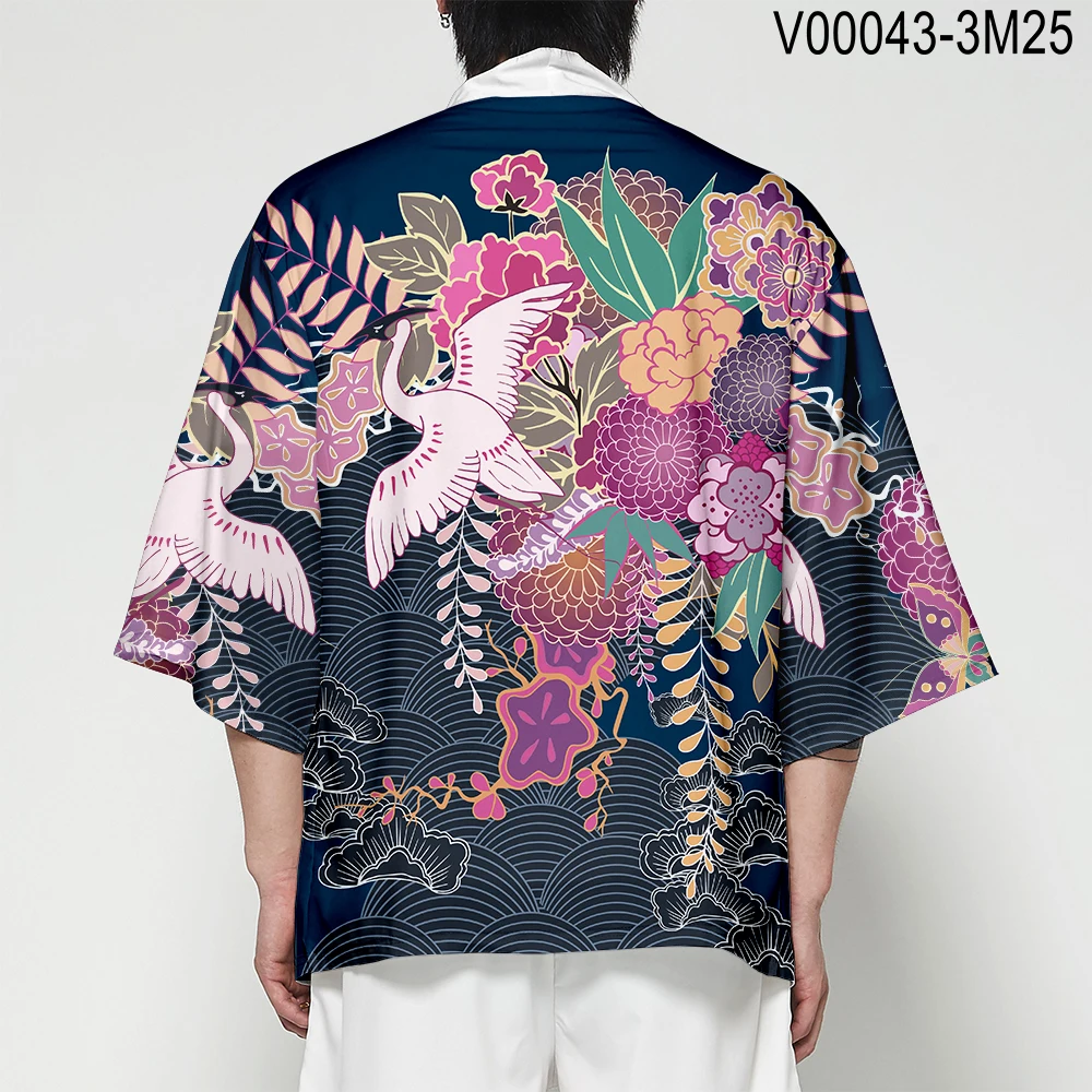 Японский рукав летучая мышь Haori Yukata кимоно летнее Кимоно Кардиган для мужчин Уличная 3D футболка кран суши костюм самурая кимоно - Цвет: V00043