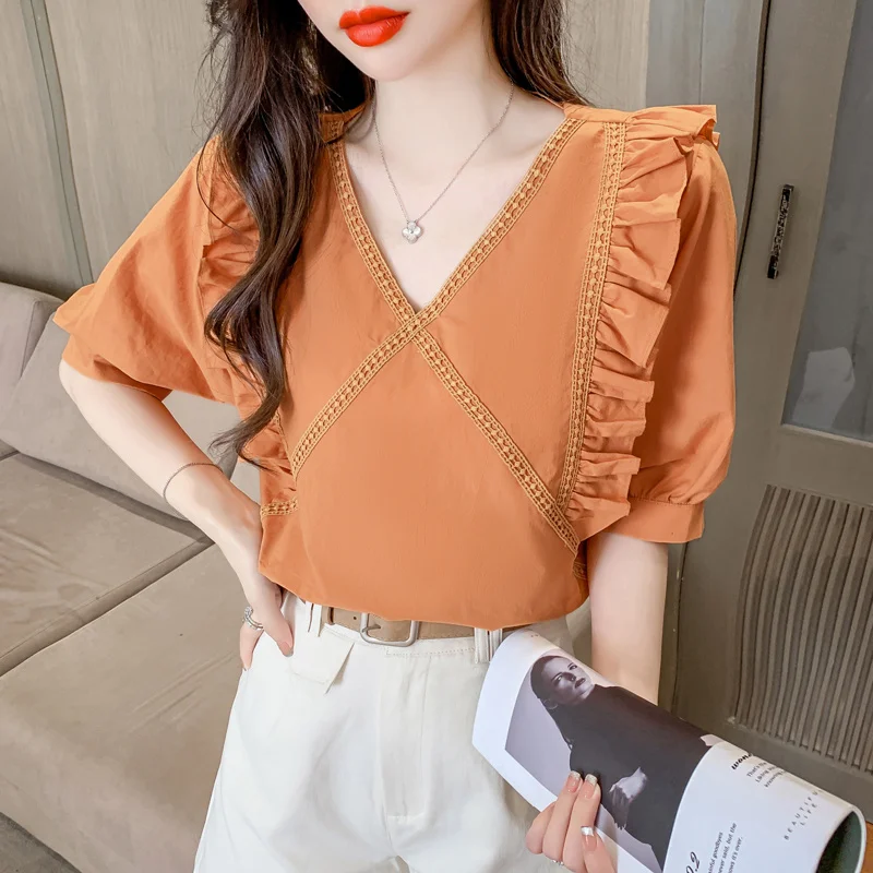 

Lantern Short Sleeve V-neck Shirt Orange Back Cross Backless Design