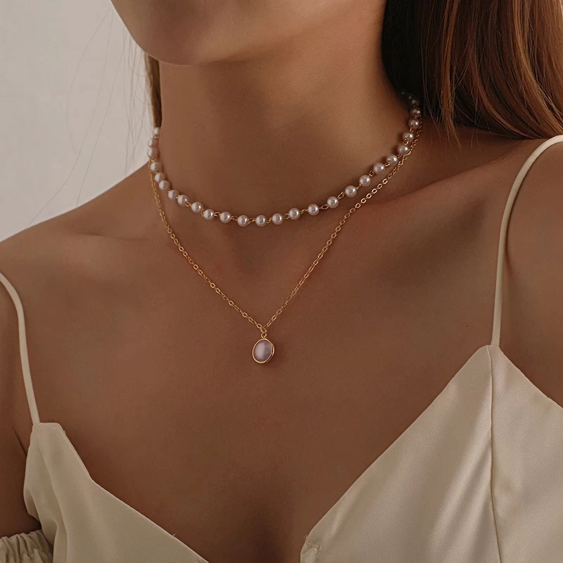 

Fashion Elegant Pearl Choker Necklace Cute Double Layer Chain Pendant Women Jewelry Girl Gift Engagement Wedding Accessories