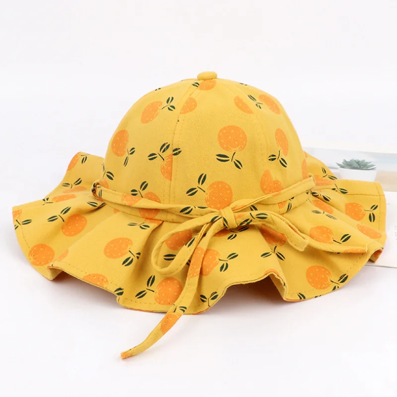 

Cartoon summer fruit pattern sunhat summer baby girl bucket hat outdoor bowknot kid girl sun hat child baby toddler beach hat