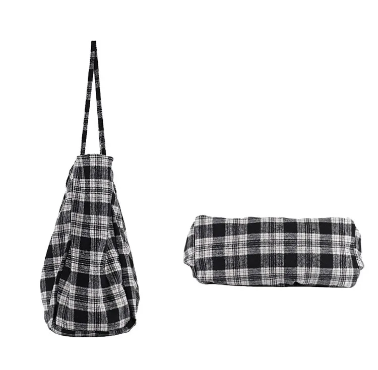 

New Plaid Shopping Bag Tote Large Ladies Canvas Shoulder Bags Foldable Grocery Bags Reusable Shopper Bag