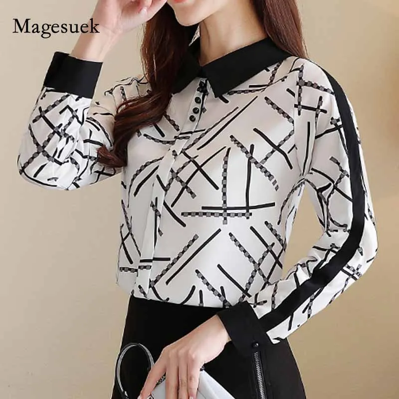 

New Elegant Korean Style All-match Slim Design Women Shirt Printing Color Contrast Long Sleeve 2020 Autumn Chiffon Blouse 10757