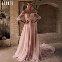 jeheth pink off the shoulder puff sleeve tulle wedding dress for women 2022 sexy backless boho chic bride gown vestidos de novia