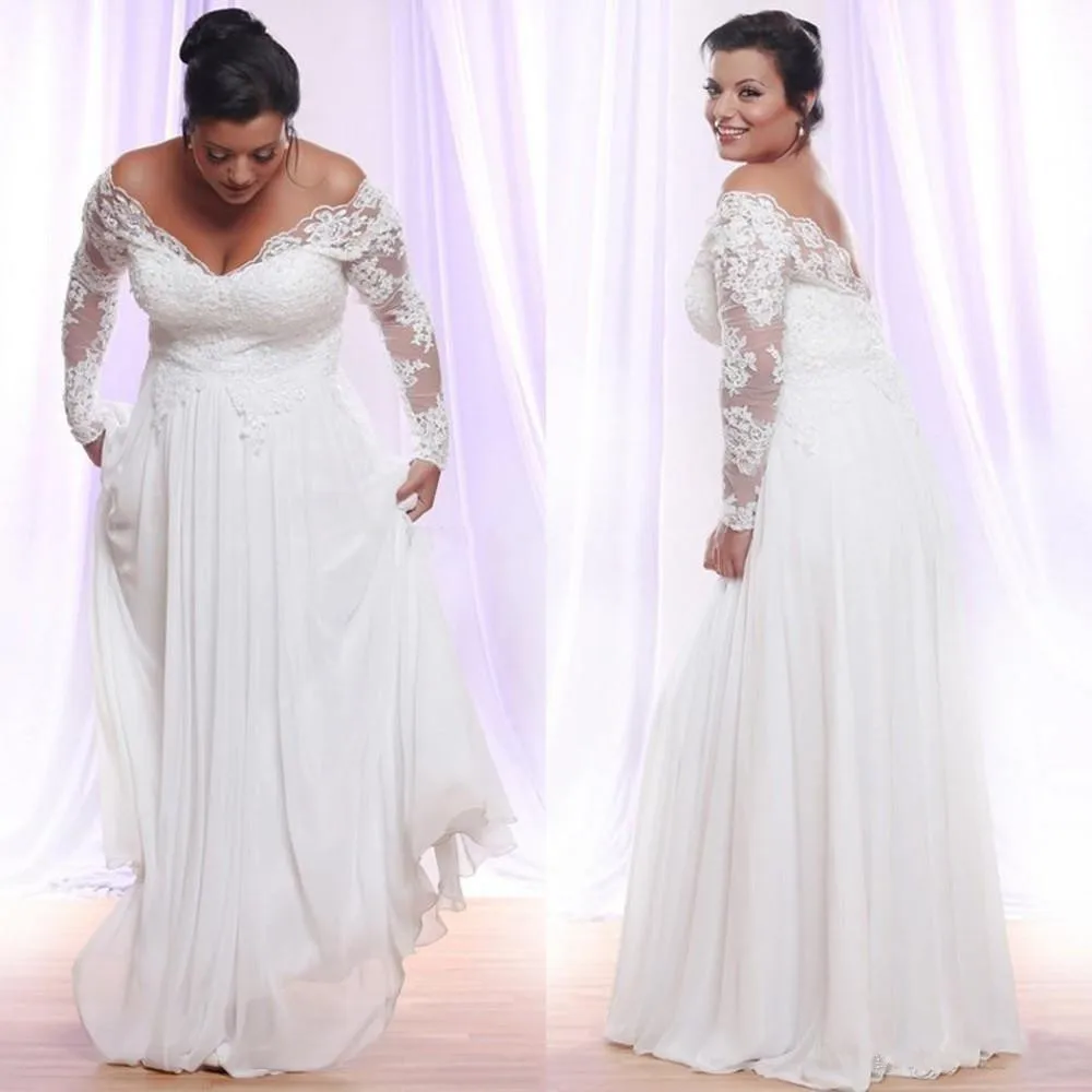 Plus Size Summer Chiffon A-Line Wedding Dresses V-neck Long Sleeves Beach Country Wedding Gowns Off The Shoulder Bridal Dress