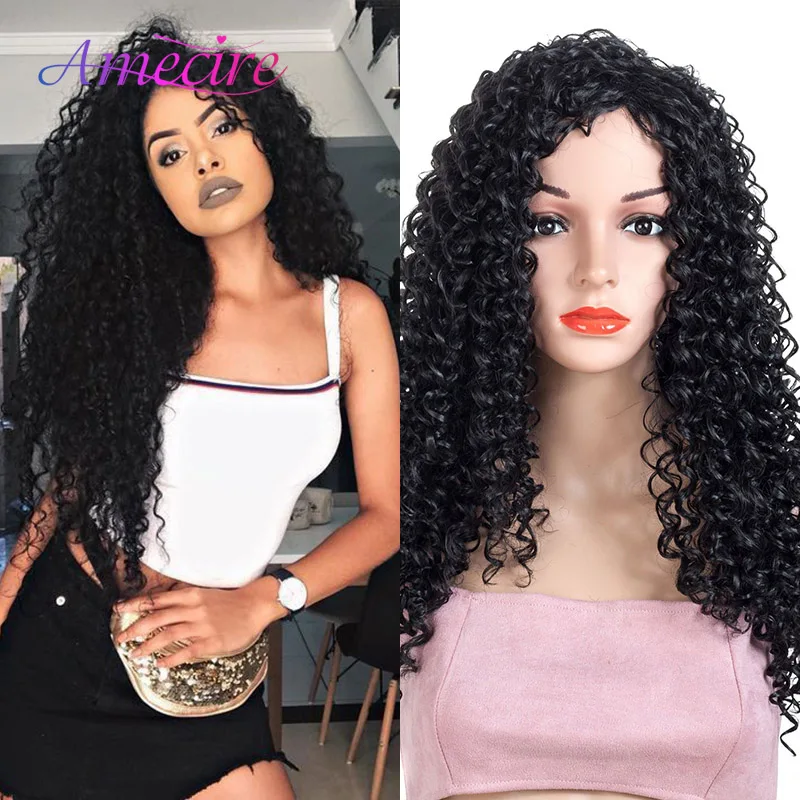 

Afro Synthetic Kinky Curly Wig For Women Black Color Long Synthetic Water Wave Wig Cosplay Heat Resistant Fiber